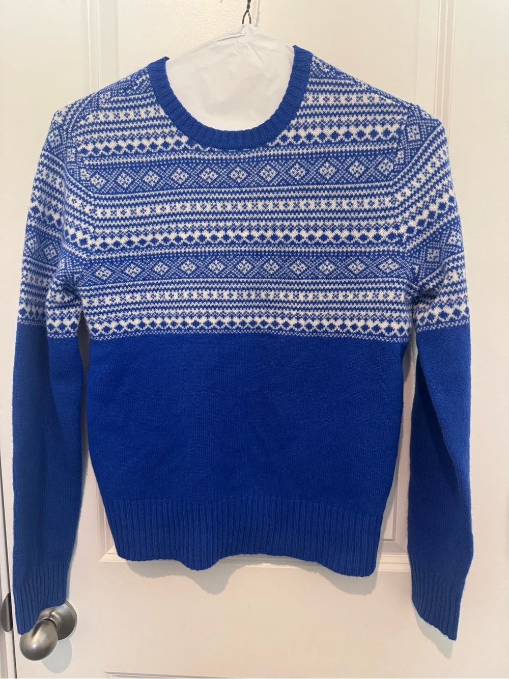 L.L. Bean Fair Isle 100% Extra Fine Merino Wool Blue Crewneck Sweater